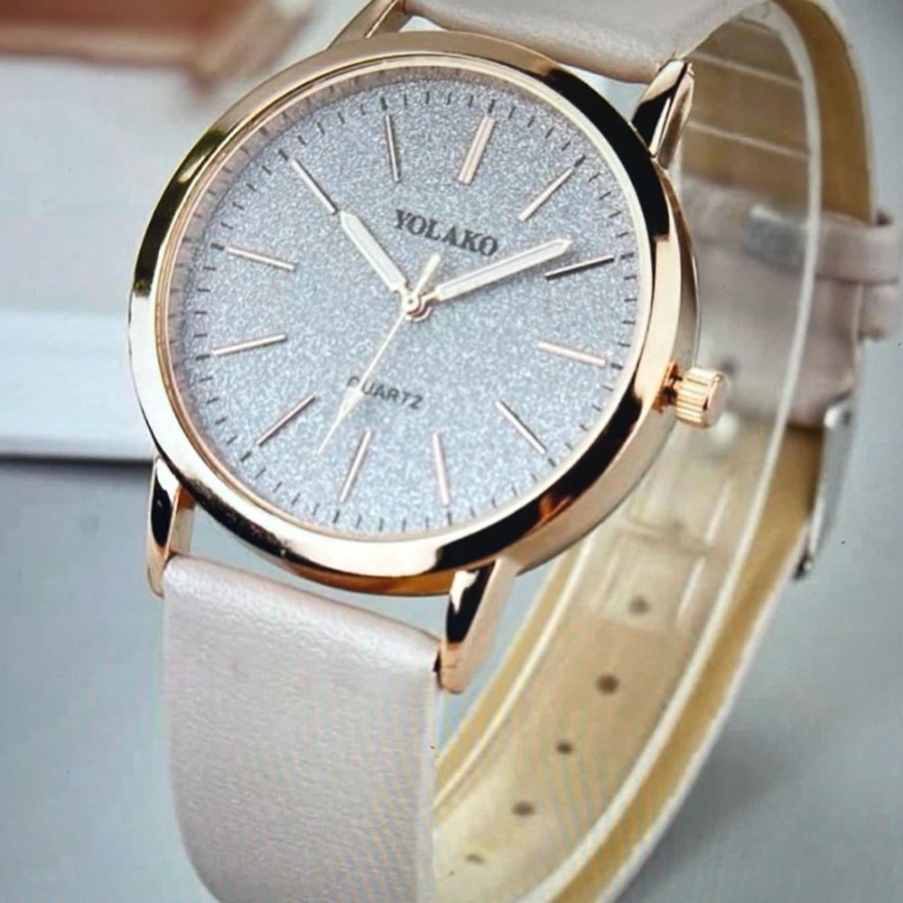 Gold and Cream Watch with Textured Dial and Leather Strap